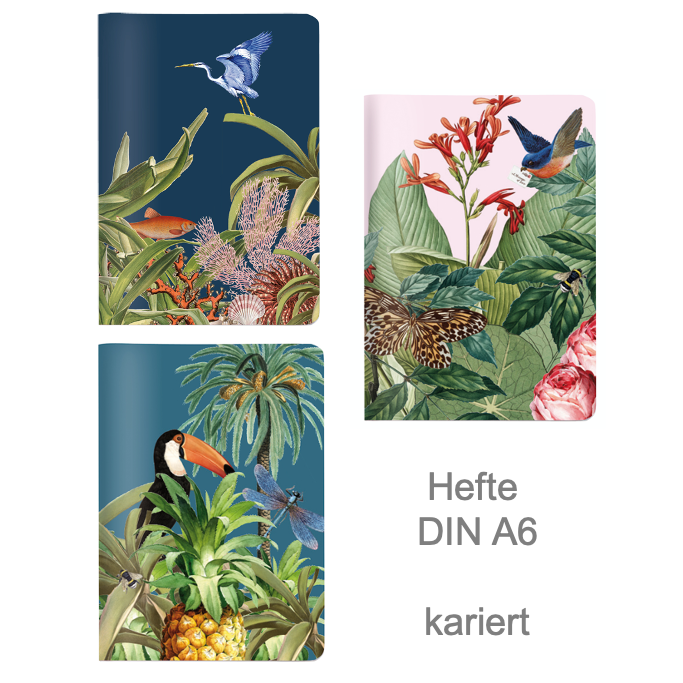 Cedon Heft A6 Blumengarten - kariert - Motiv Lovebird, Ocean oder Toucan