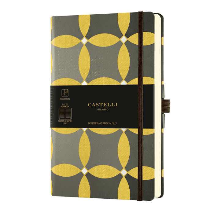 Design Notizbuch CIRCLES A5 - liniert - nummerierte Seiten, Index, cremfarbenes Papier aus der Serie ORO GOLD von Castelli