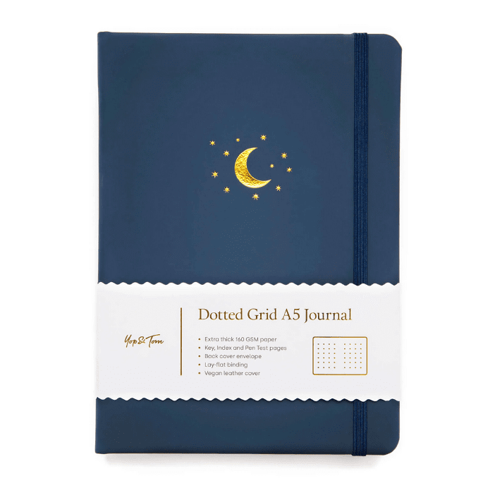 Yop & Tom A5 Dot Grid Journal Mond & Sterne Notizbuch Bullet Journal Tagebuch - extra dickes Papier, veganes Ledercover, Index, Seitennummerierung